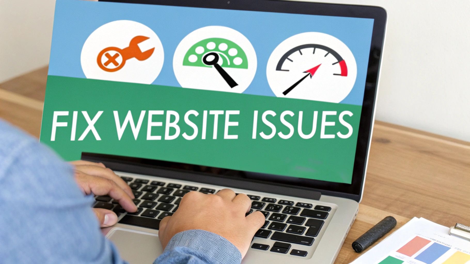 Person typing on a laptop displaying 'FIX WEBSITE ISSUES' with diagnostic and performance icons.