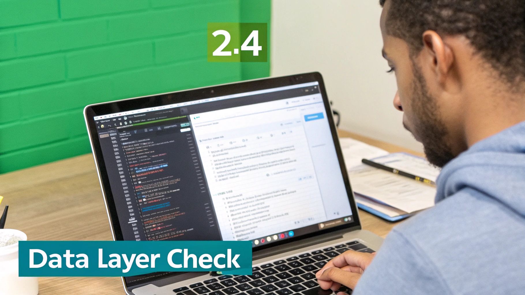 A person works intently on a laptop displaying code and a document, with 'Data Layer Check' text.
