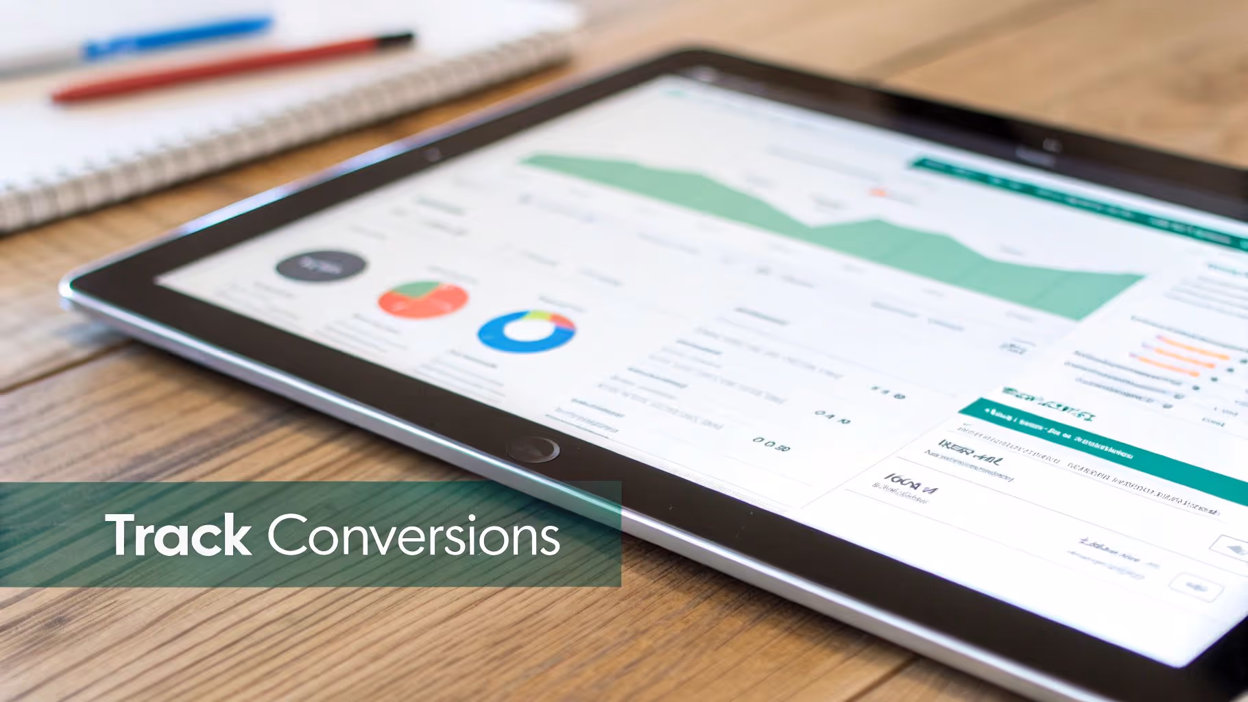 Close-up of a tablet screen showing website conversion tracking data, graphs, and pie charts.