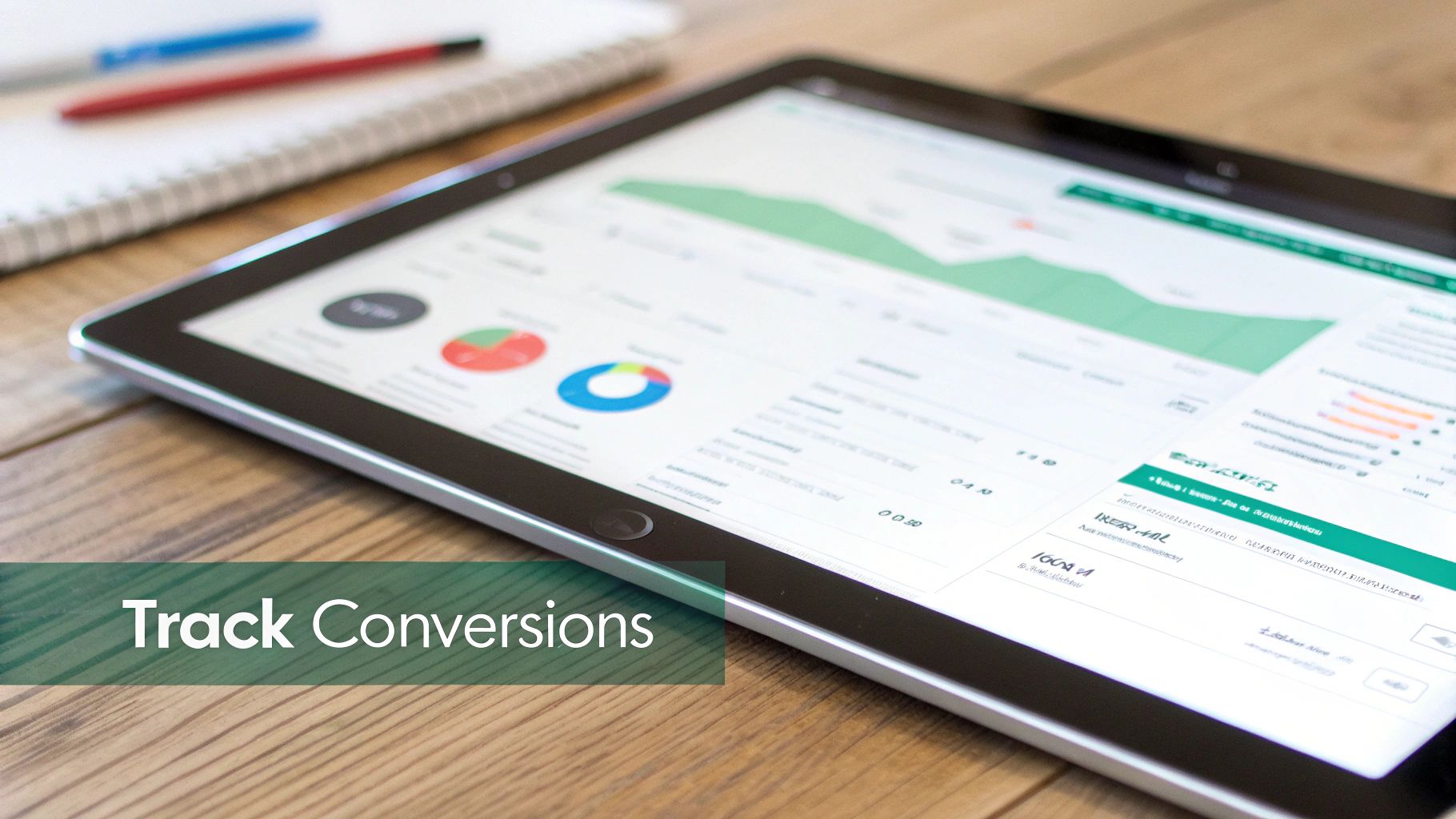 Close-up of a tablet screen showing website conversion tracking data, graphs, and pie charts.