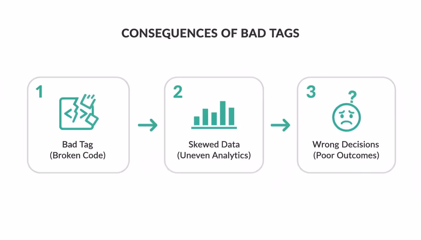 Flowchart showing how bad tags lead to skewed data and wrong decisions, causing poor outcomes.