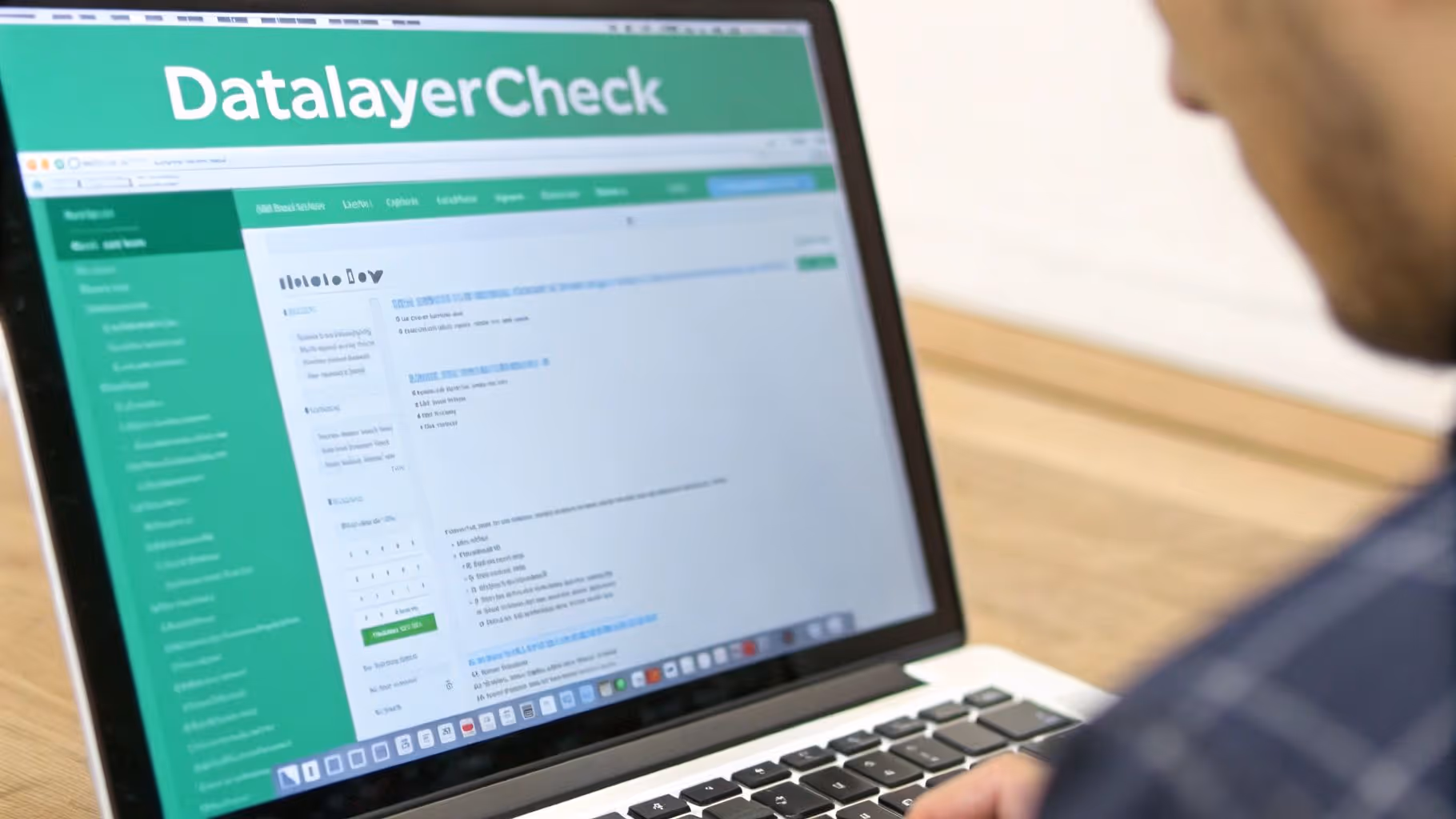 A person is intently looking at a laptop screen showing the DatalayerCheck website interface.