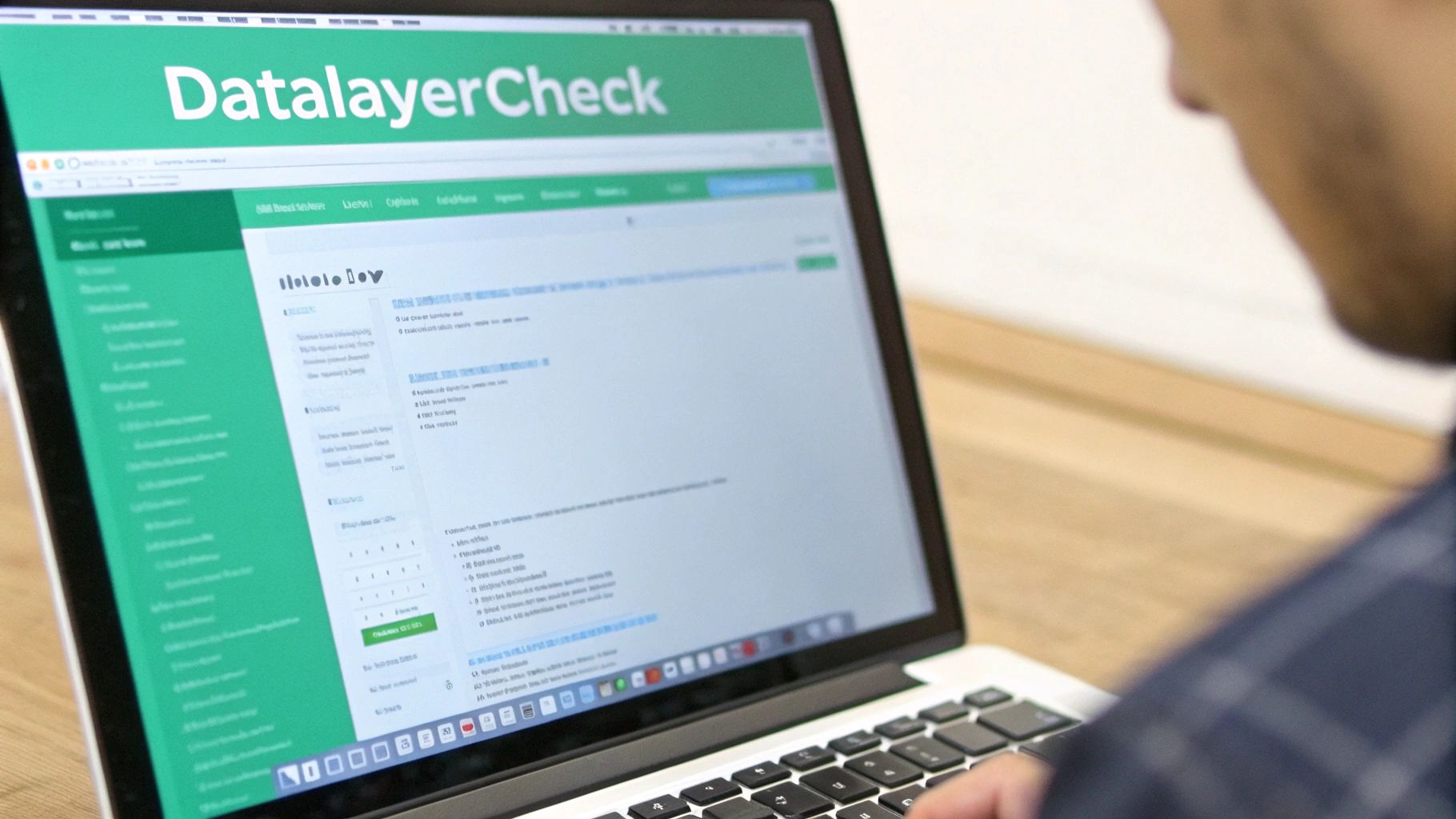 A person is intently looking at a laptop screen showing the DatalayerCheck website interface.