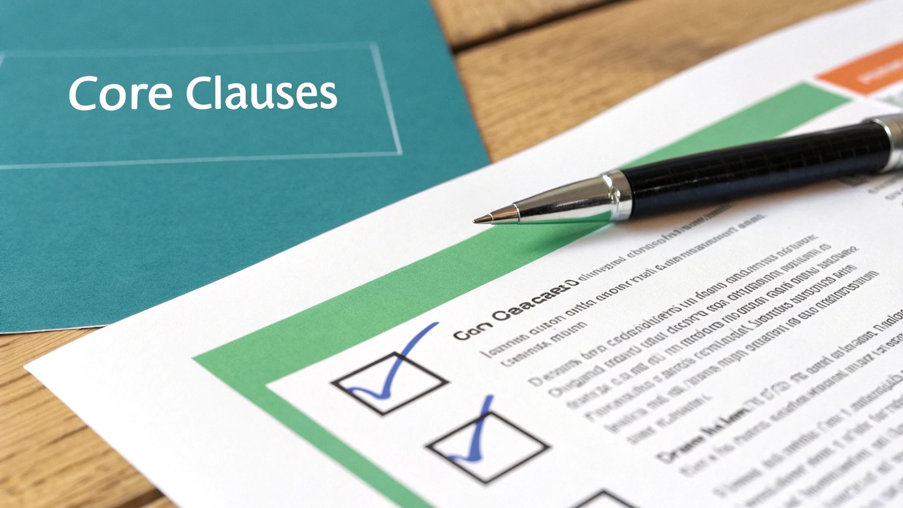 A teal folder labeled "Core Clauses" with a document, checkboxes, and a pen, signifying contract review.