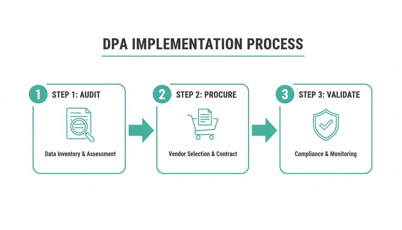 A three-step DPA (Data Processing Agreement) implementation process flowchart, including audit, procure, and validate stages.
