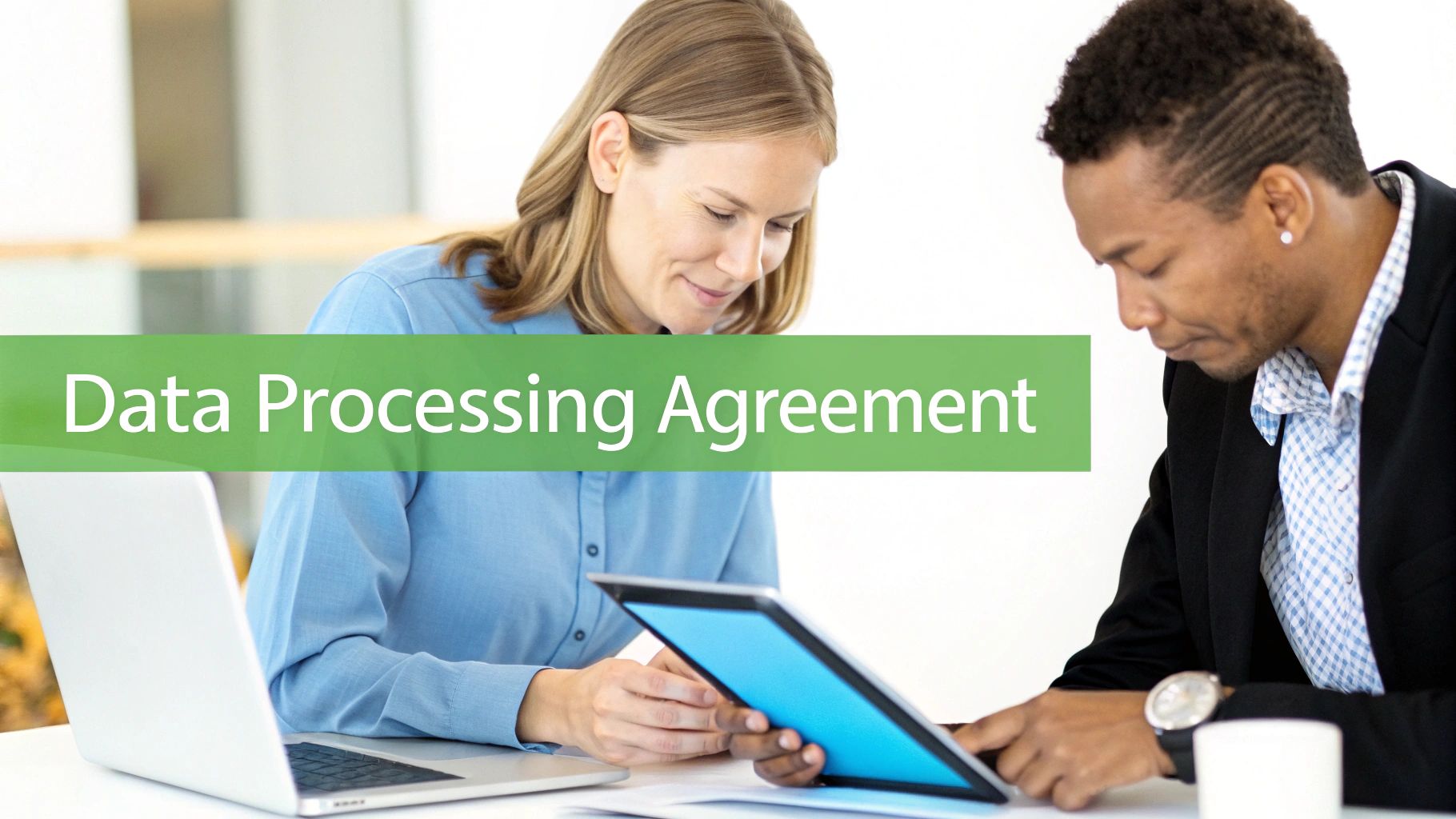 Two business professionals reviewing a Data Processing Agreement on a tablet and laptop.