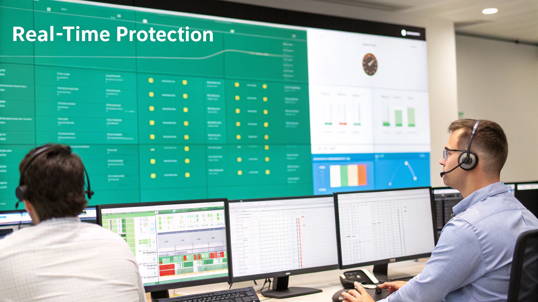 Two security operations analysts wearing headsets, monitoring real-time data on large screens.