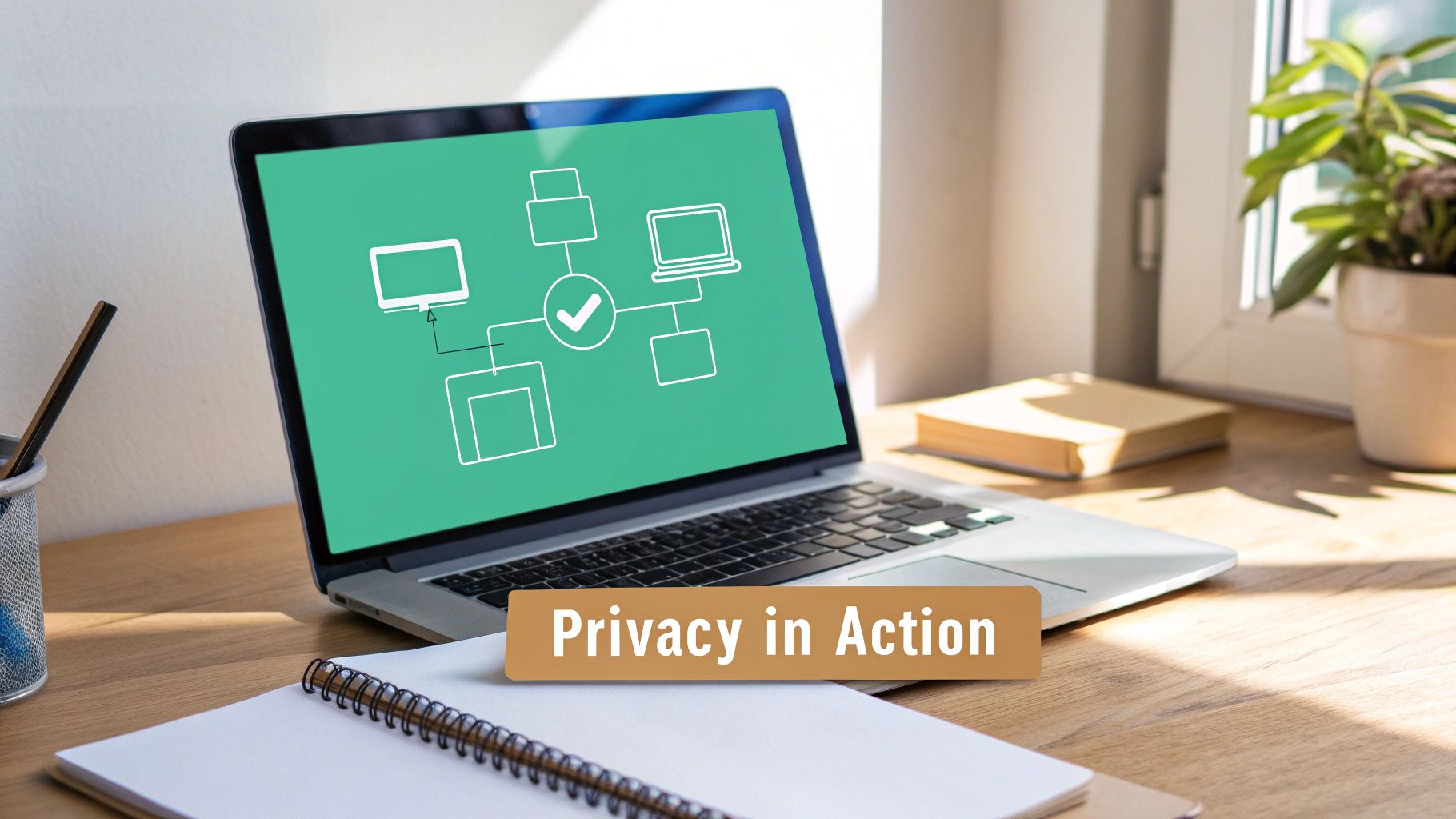 A laptop displaying a network diagram on a desk, with 'Privacy in Action' on a banner.