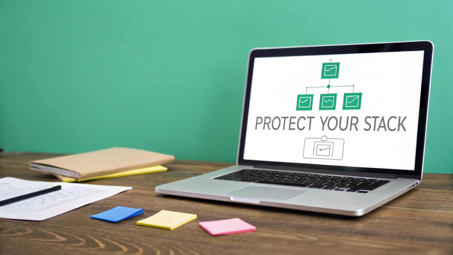 A laptop on a wooden desk displays 'PROTECT YOUR STACK' with security diagrams, surrounded by office supplies.
