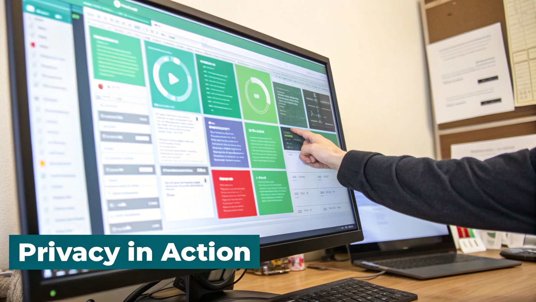 A hand points to a computer screen displaying a data privacy dashboard with graphs and information, emphasizing 'Privacy in Action'.