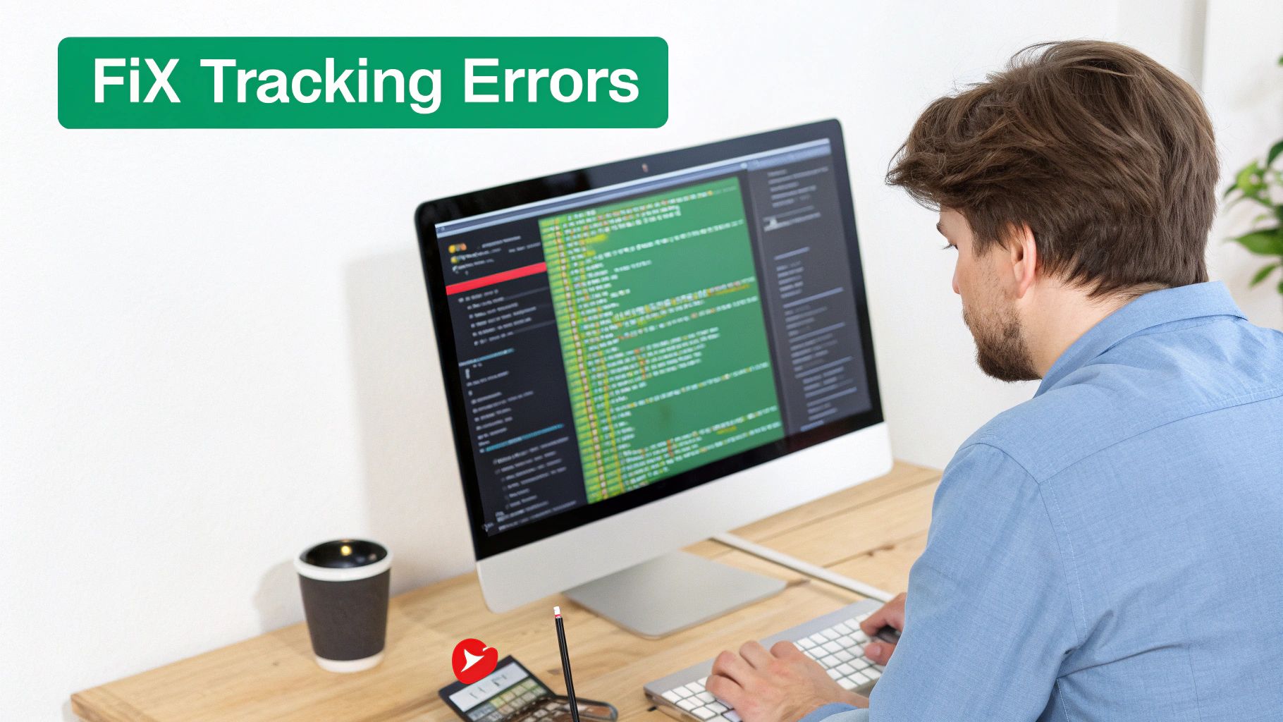A man in a blue shirt is focused on a computer screen displaying code, with 'FIX Tracking Errors' overlay.