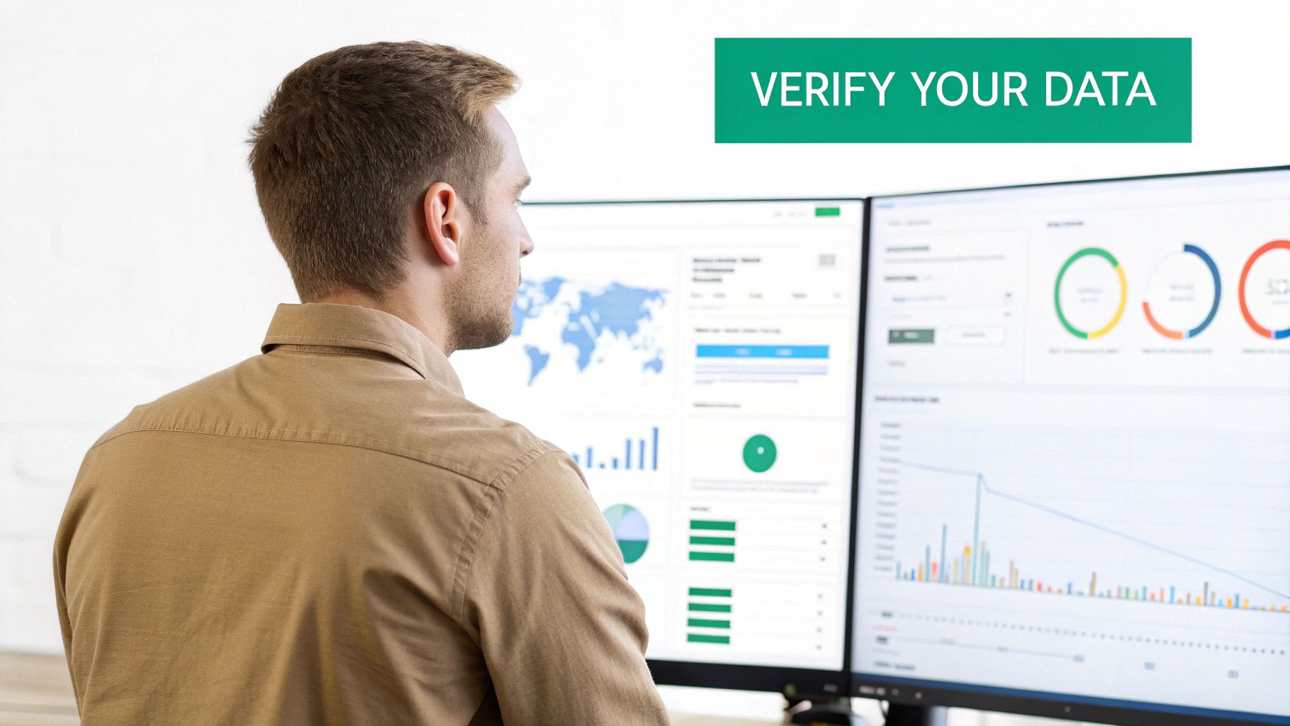 A man analyzing data dashboards on two computer monitors displaying charts, graphs, and a world map.