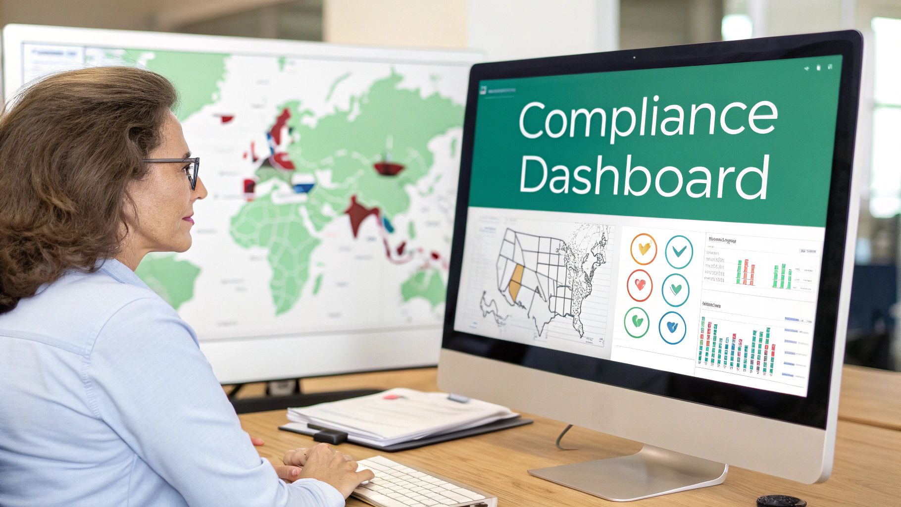 A woman with glasses looks at a Compliance Dashboard on a computer, with a world map on a second monitor.
