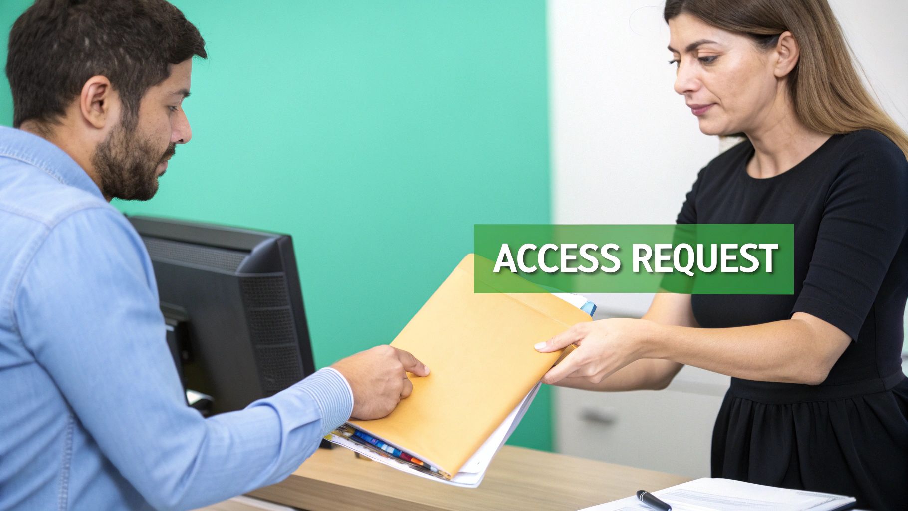 A woman hands a man a large manila envelope filled with documents, depicting an access request.