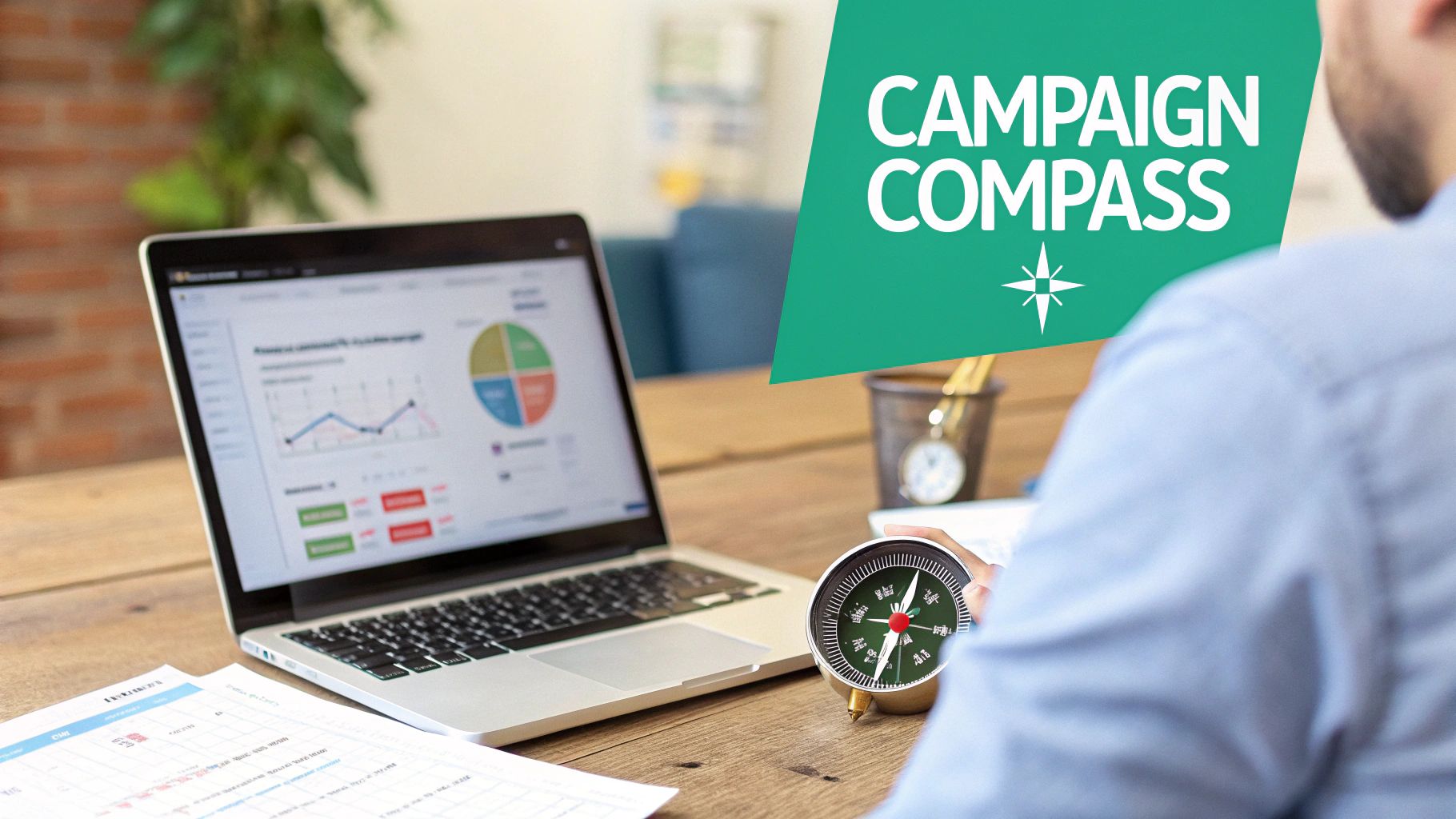 A person uses a laptop displaying data analytics charts and a compass, emphasizing campaign strategy.