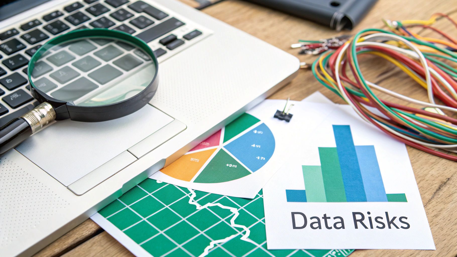 Close-up of laptop, magnifying glass, data charts, and 'Data Risks' document, representing analytics and risk management.
