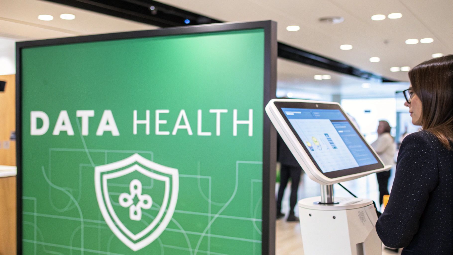 A woman views a digital kiosk displaying data next to a green 'DATA HEALTH' sign.