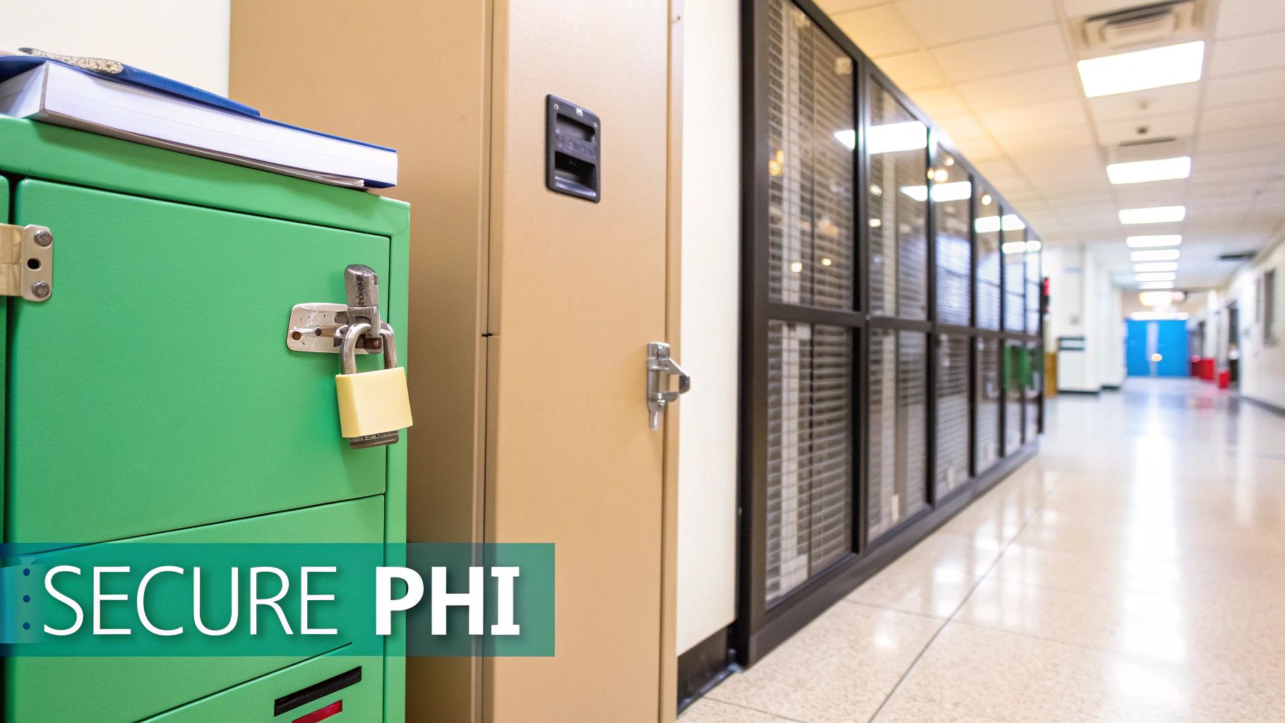 A green locker secured with a padlock, next to a hallway of storage units, emphasizing data security.