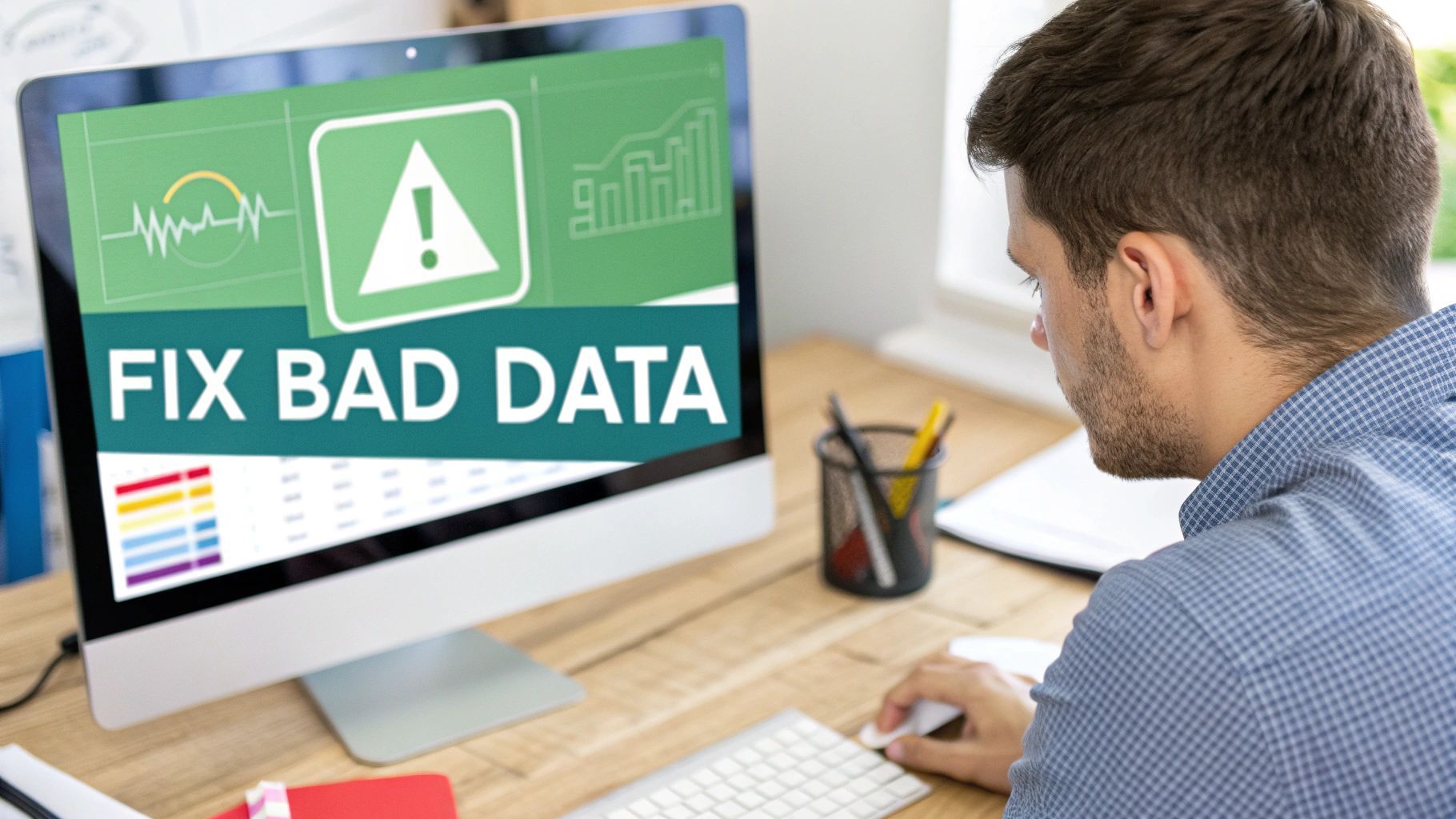 A person looking at a computer screen displaying 'FIX BAD DATA' with charts and a warning sign, emphasizing data quality.