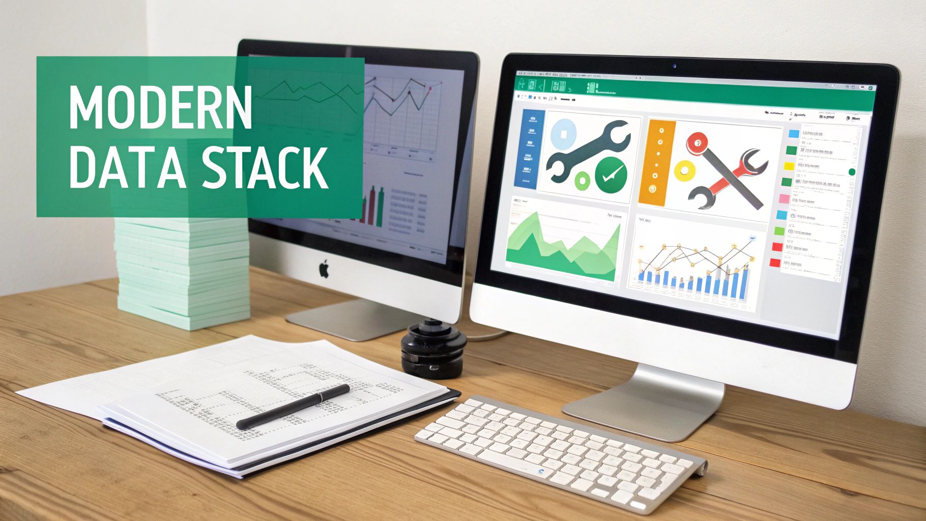 A modern desk with two computers displaying data analysis dashboards and a 'MODERN DATA STACK' text overlay.