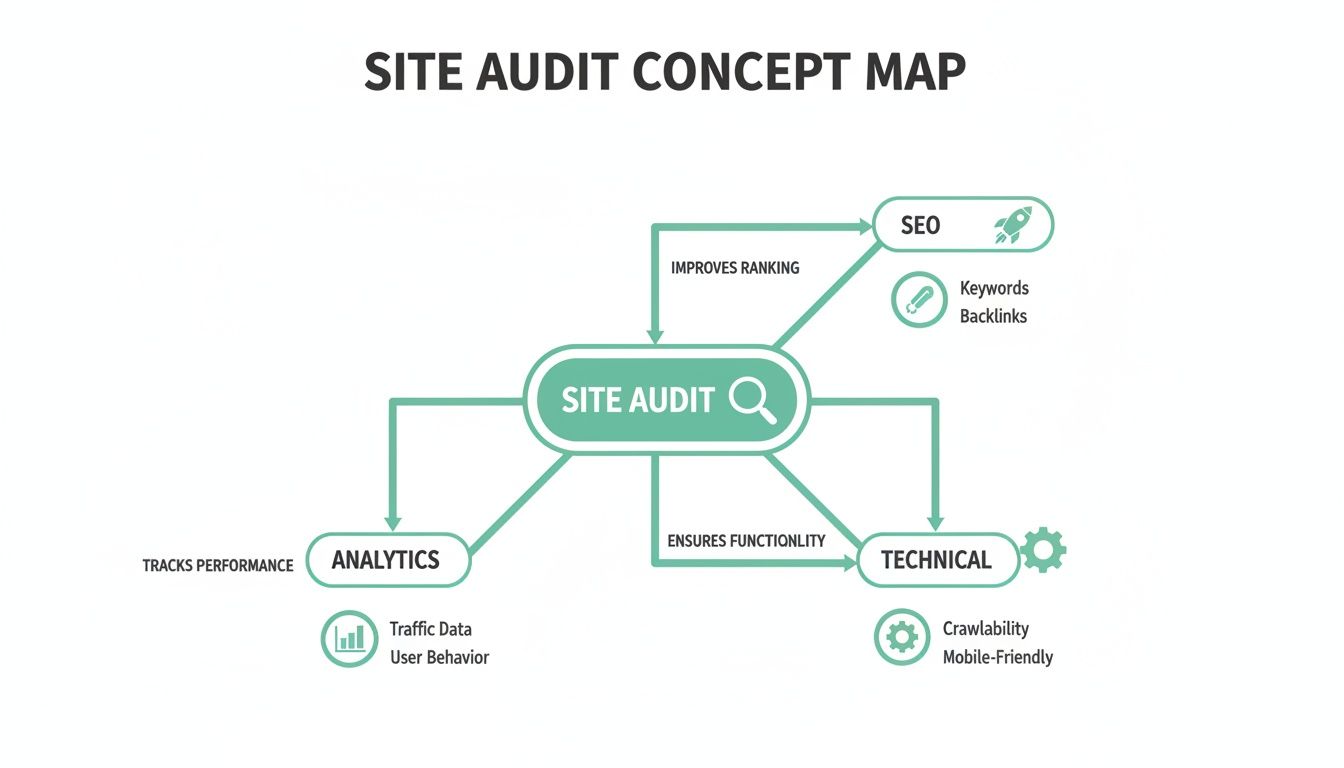 Concept map illustrating the components and benefits of a site audit, including SEO, analytics, and technical checks.