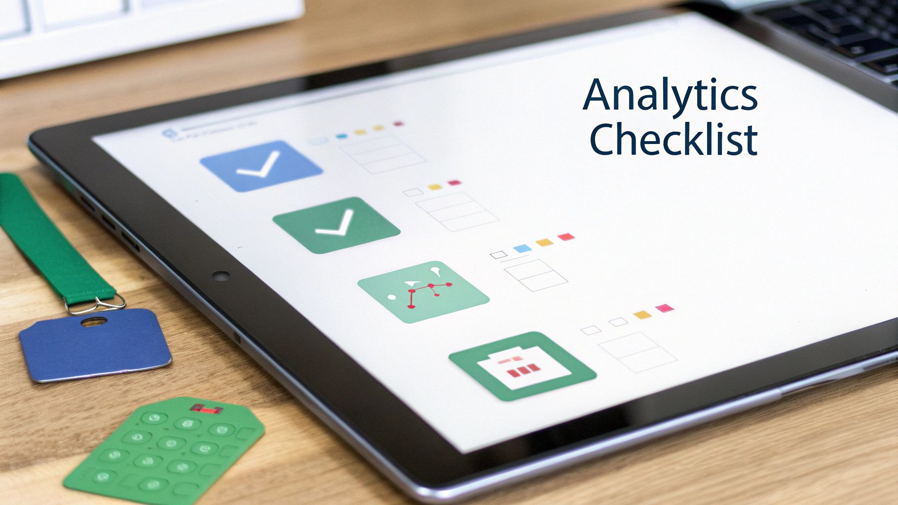A tablet displaying an 'Analytics Checklist' with checkmark icons, next to an ID tag on a wooden desk.