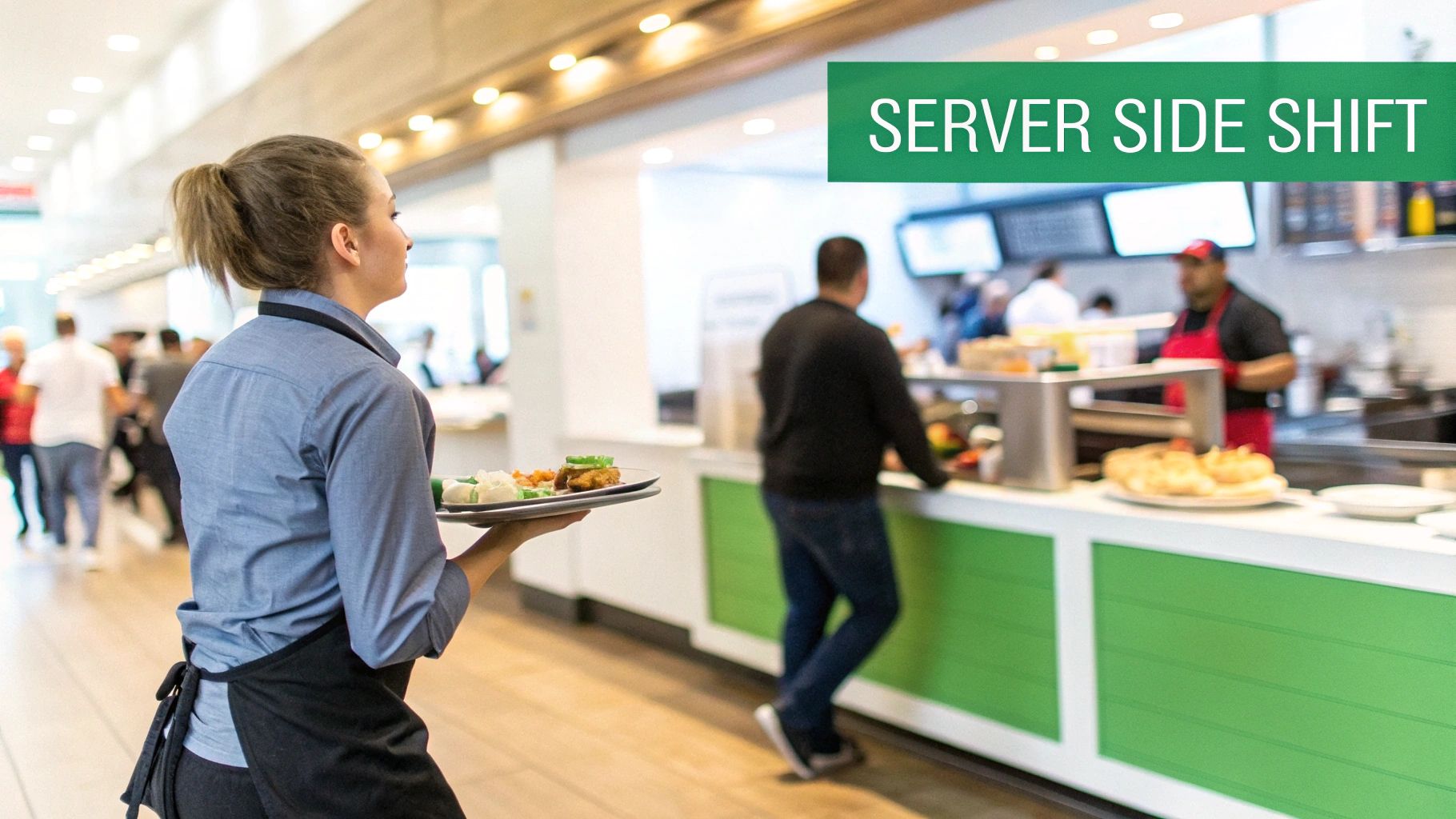 A female food service worker with a ponytail carries a tray of food in a busy cafeteria.