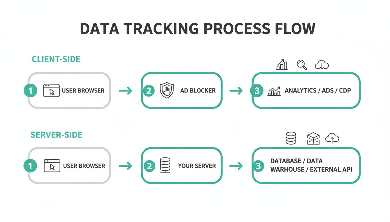 Diagram showing data tracking process flow, differentiating client-side via ad blockers and server-side methods.