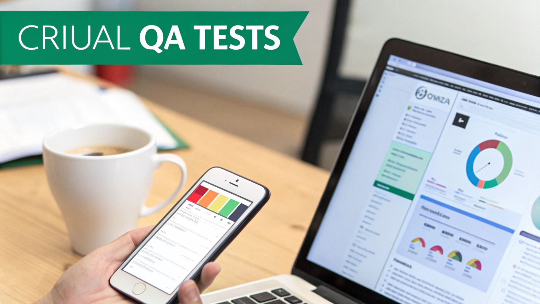Person holding a smartphone with colorful bars, next to a laptop displaying data, a coffee mug, and a banner reading 'CRIUAL QA TESTS'.