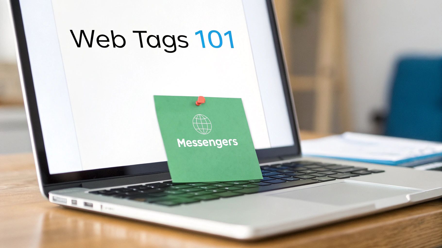A laptop displays 'Web Tags 101' on its screen with a green sticky note pinned, reading 'Messengers'.