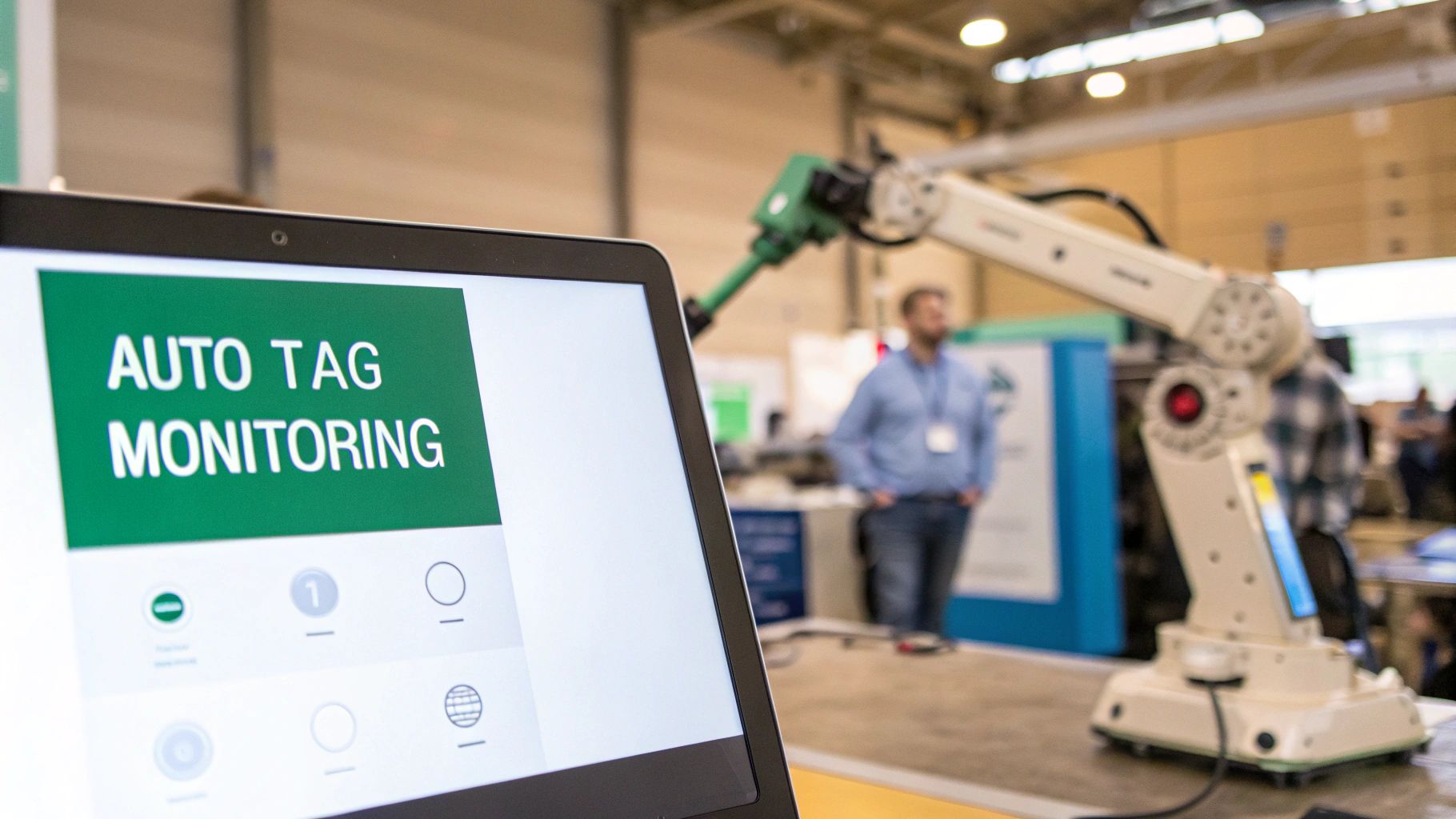 A laptop displays 'AUTO TAG MONITORING' on a green screen, with a robotic arm and blurred people in a tech exhibition background.