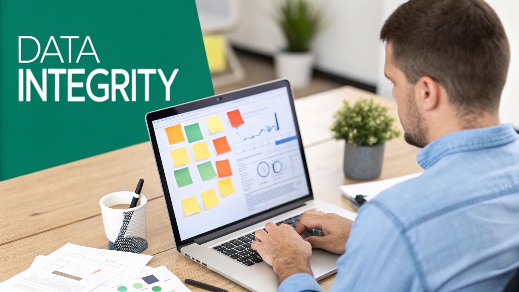 A man in a blue shirt types on a laptop, displaying charts and sticky notes, with 'DATA INTEGRITY' text.