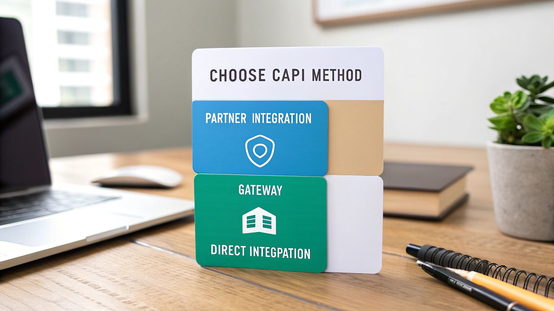 A desk with three cards illustrating options: 'Choose CAPI Method', 'Partner Integration', and 'Gateway Direct Integration'.