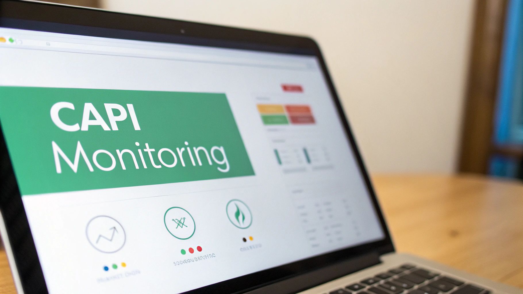 Close-up of a laptop screen displaying a CAPI Monitoring dashboard with charts and icons.