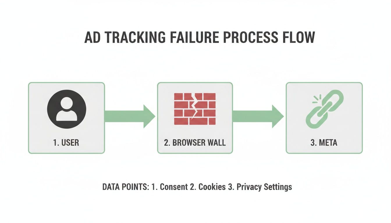 Diagram showing ad tracking failure steps: user, browser wall, and Meta, highlighting data privacy.