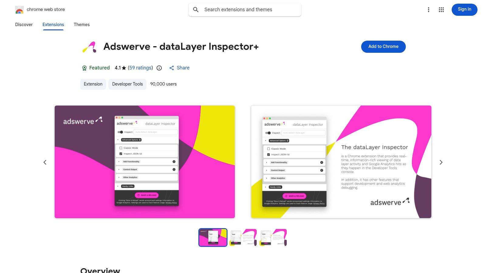 Adswerve dataLayer Inspector+ Chrome extension showing data layer events and GA4 hits.