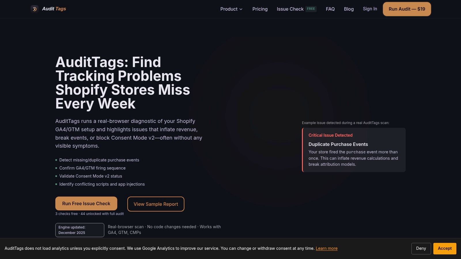 The AuditTags dashboard showing an overview of a recent GA4 implementation scan.