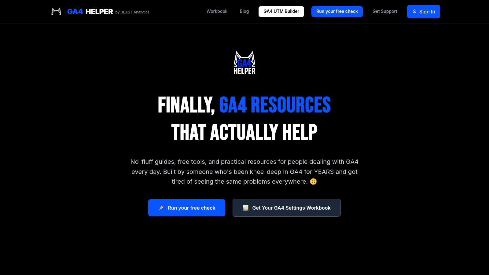 The GA4 Helper website offering a free GA4 data quality audit tool.