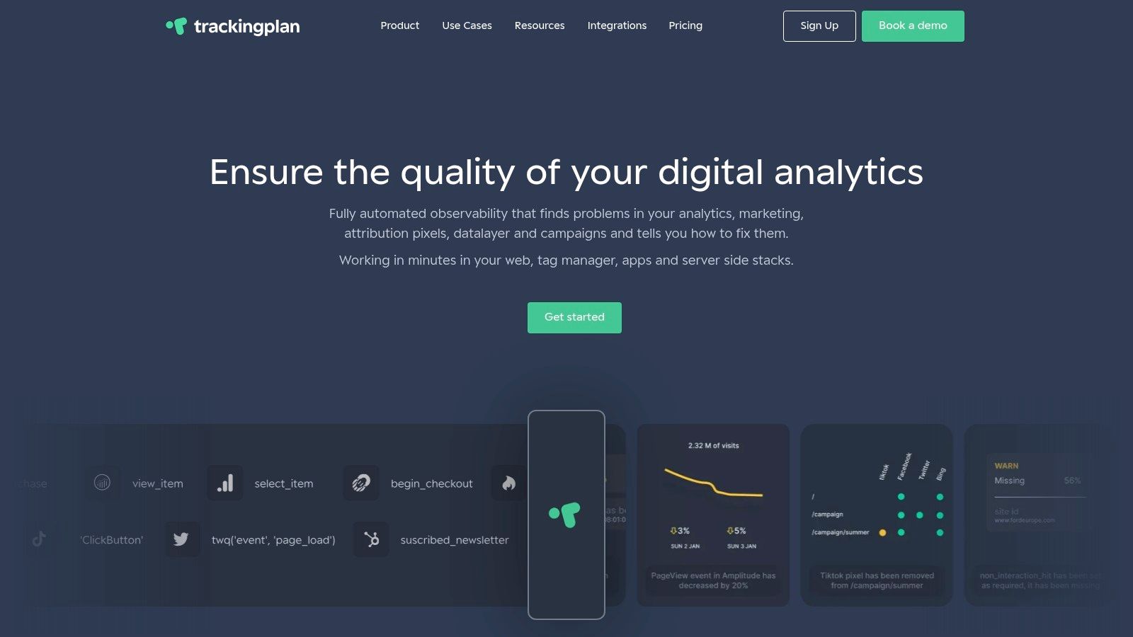 Trackingplan's analytics dashboard showing a comprehensive overview of data events and potential issues, a key feature for GA4 audit tools.