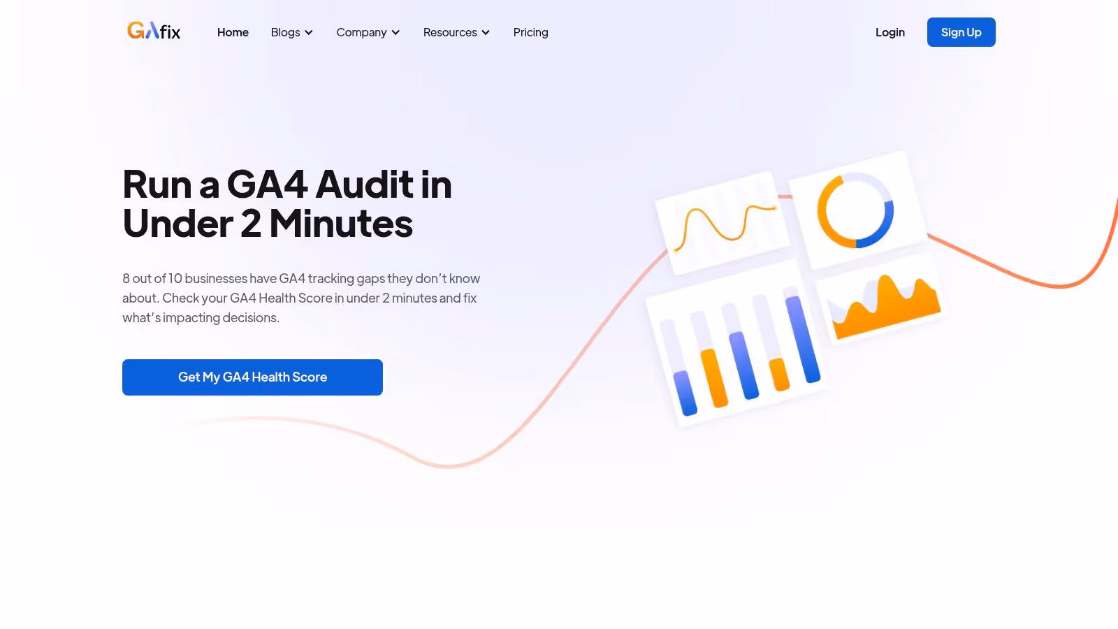 The GAfix dashboard showing a summary of an 18-checkpoint GA4 audit.