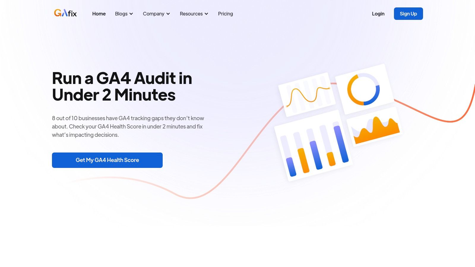 The GAfix dashboard showing a summary of an 18-checkpoint GA4 audit.