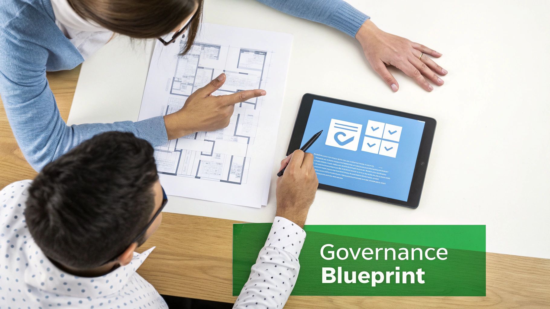 Two people discuss a building blueprint and a digital governance plan displayed on a tablet.