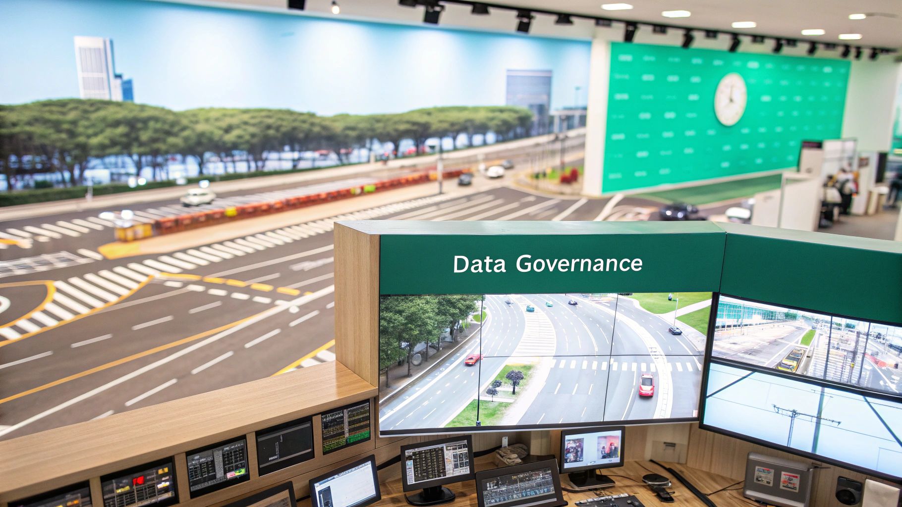 High-tech control room featuring 'Data Governance' display, multiple monitors, and a detailed city street mural.