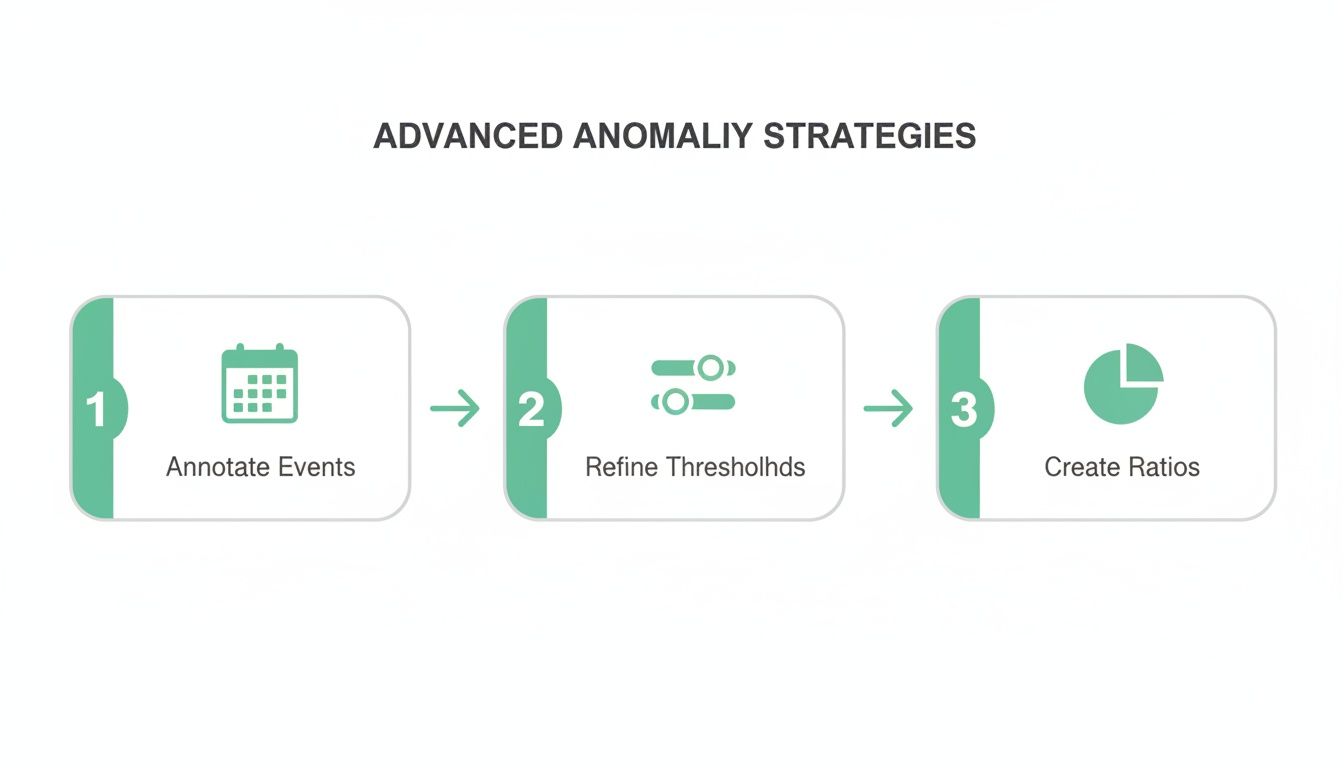 An infographic showing three steps for advanced anomaly strategies: Annotate Events, Refine Thresholhds, Create Ratios.