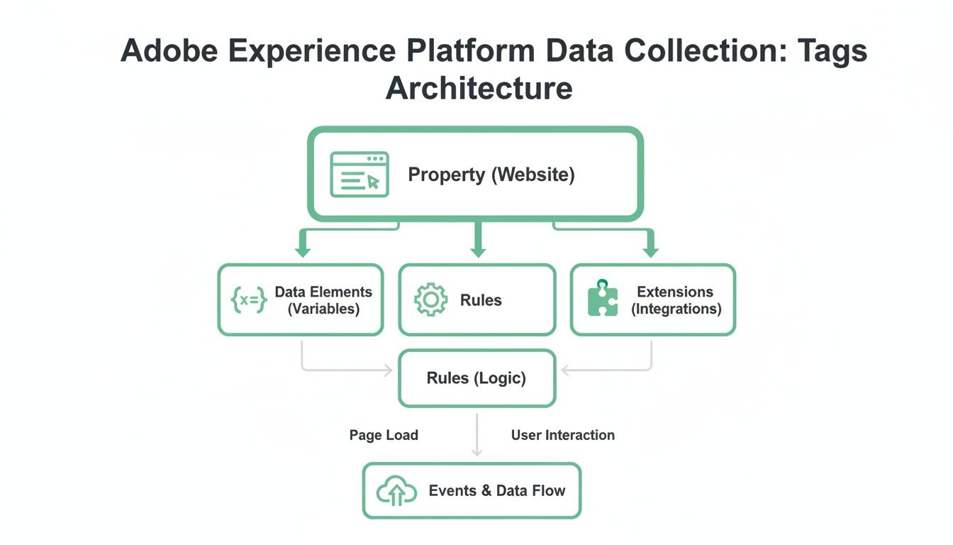 Flowchart illustrating Adobe Experience Platform Data Collection Tags architecture, detailing properties, data elements, rules, and events data flow.