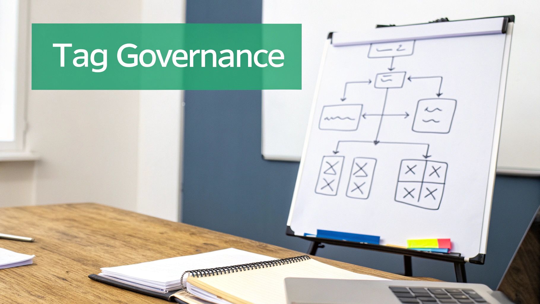 Office scene with Tag Governance text, a whiteboard diagram, notebooks, and a laptop on a wooden desk.