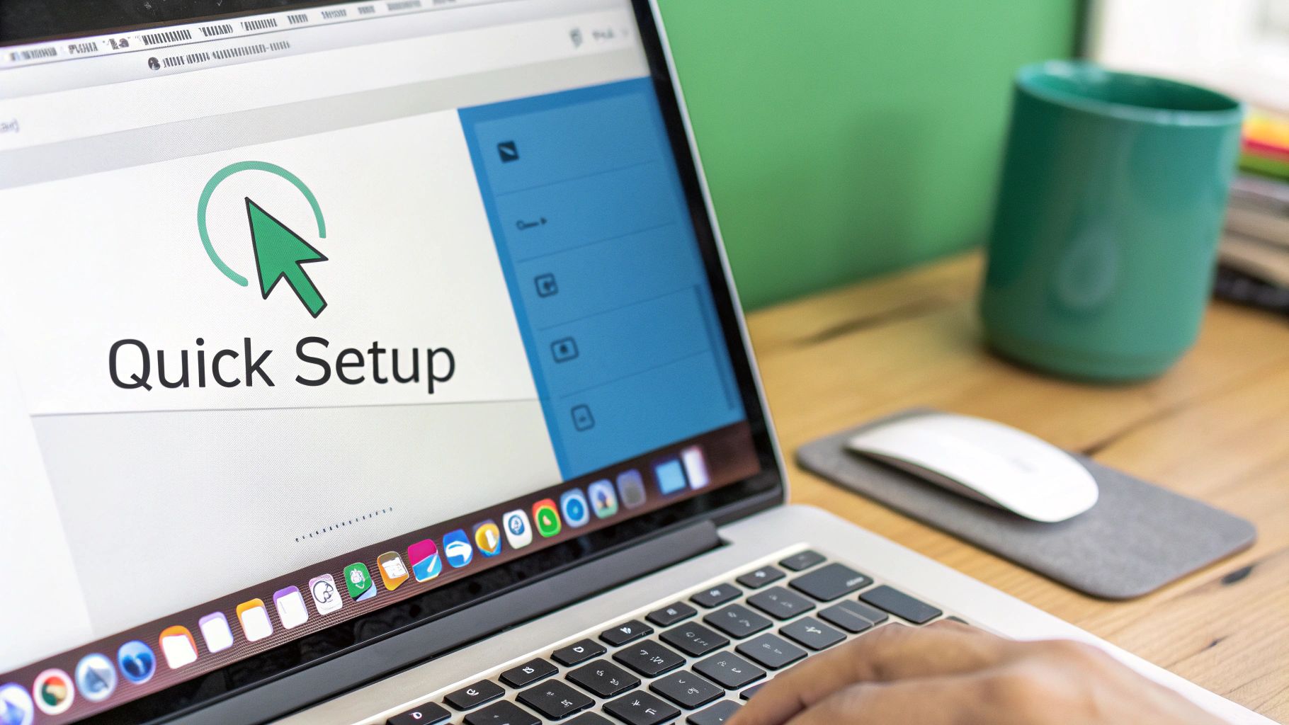 Person typing on a laptop screen displaying "Quick Setup" with a green cursor icon.