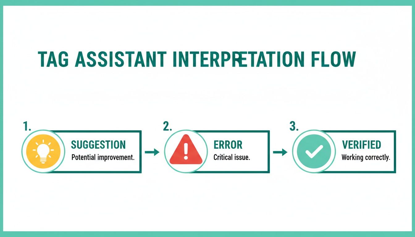 A flow diagram illustrating the Tag Assistant interpretation process, showing steps for suggestion, error, and verified statuses.