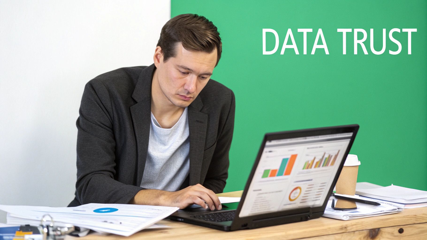 A man intently looking at a laptop displaying data charts, with 'DATA TRUST' on a green wall.