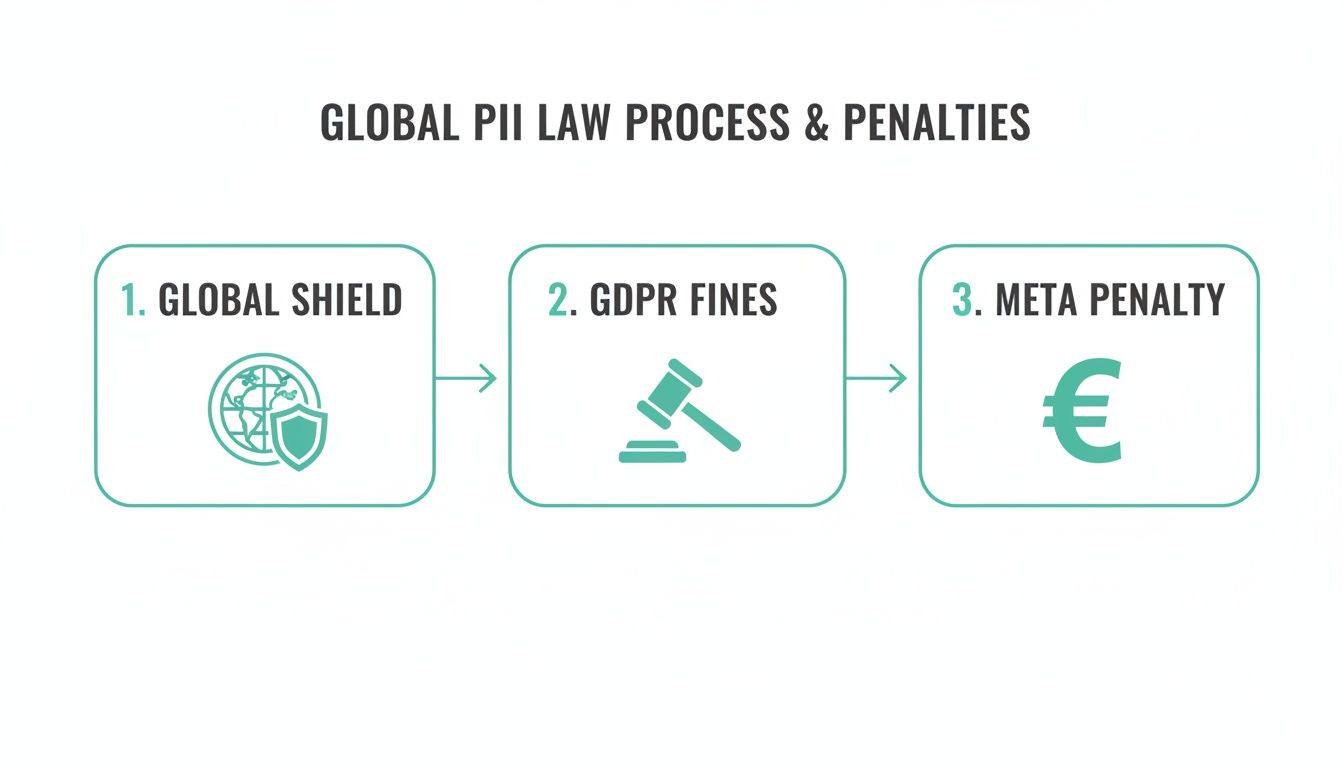 Flowchart illustrating the global PII law process, including Global Shield, GDPR fines, and Meta penalties.